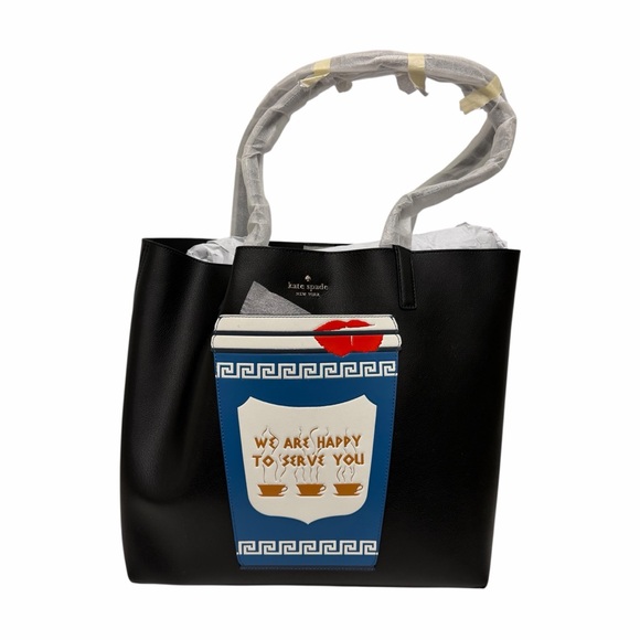Kate Spade Solid Black & Coffee Cup Design Leather Tote Handbag